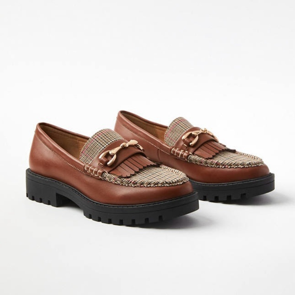 NIB Loft kiltie lug loafers plaid cognac size 9.5 preppy academia Gilmore Girls